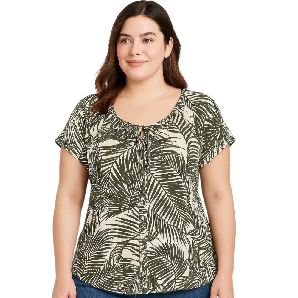 Croft & Barrow Wmns XL Button Front Blouse Green Palm Leaf Print Rayon Tropical